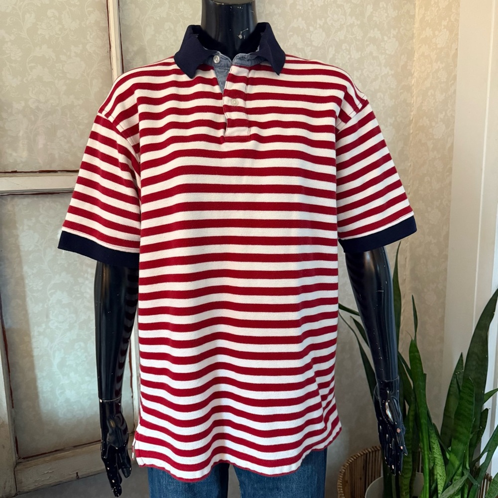 Men’s Native Habitat Planet Earth Red & White Striped Polo Shirt Medium